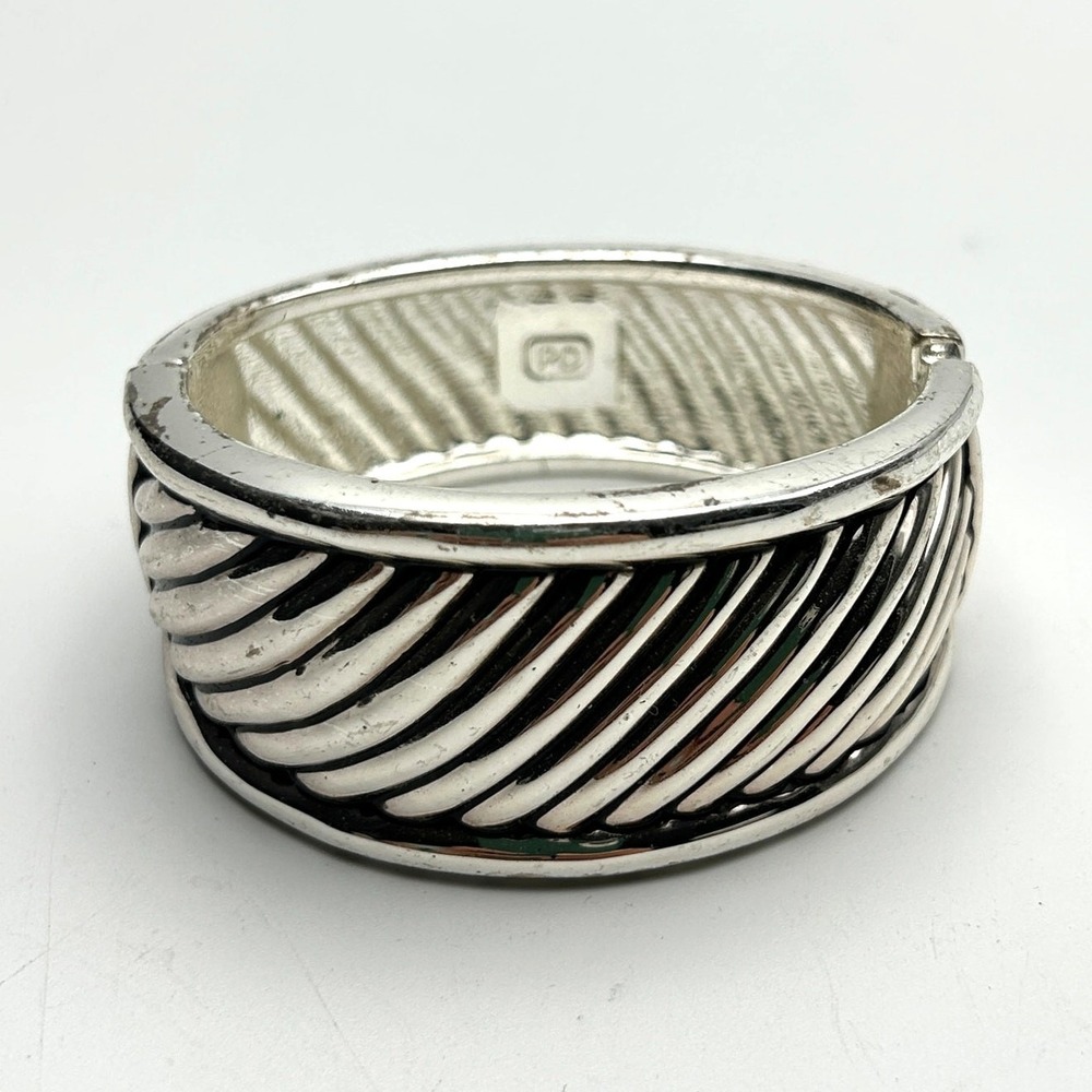 Vintage Premier Designs Chunky Hinged Clamper‎ Bracelet Silver Tone Signed PD